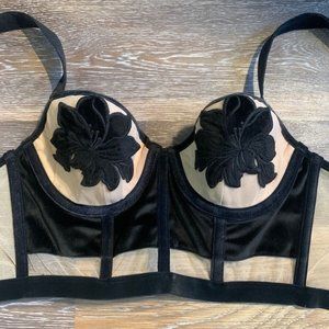 Victoria's Secret Lined Demi Sexy Bra 34B/C75 Black Velvet Lily Floral Nude Mesh